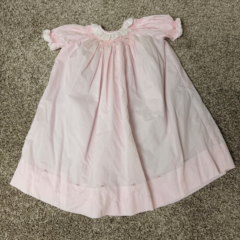 House Of Hatten Pink Smocked 9 mos Baby Bishop Dress Rosebud Embroidery Lace